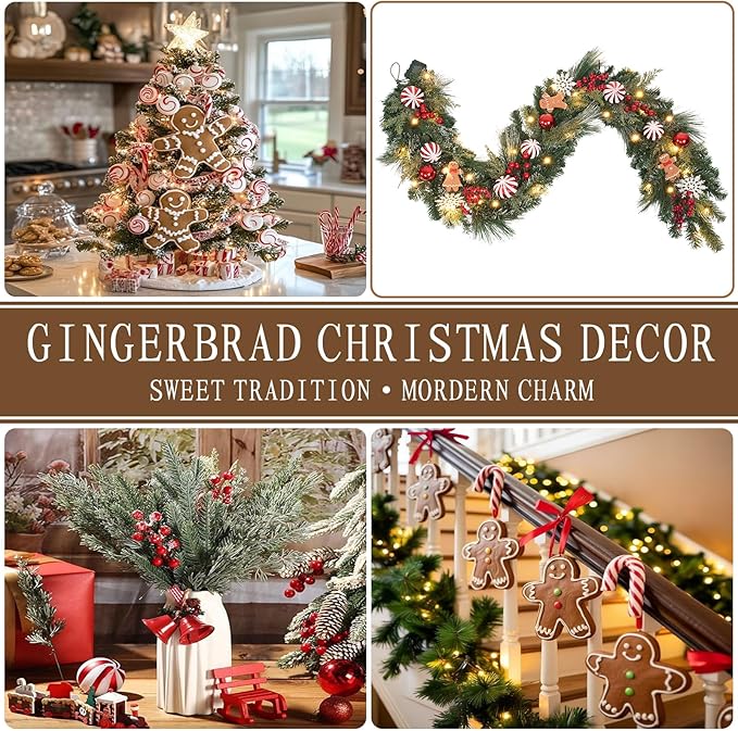 6 ft Gingerbread Christmas Garland with 30 Lights with Timer/Baking Holiday Decor/prelit Whimsical Gingerbread Kitchen Decor/Lighted Door Hanger .Stairs,Mantel,Porch Decoration