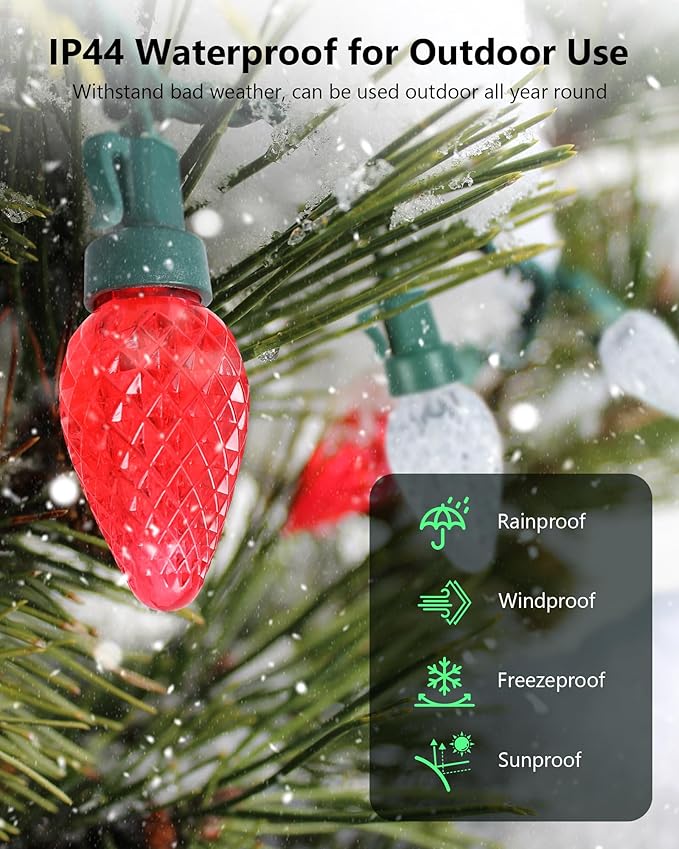 2-Set C7 LED Christmas String Lights, 25.16FT 50 LED Connectable Outdoor Indoor Decorative Light Strand, Red & White Xmas Holiday Lights for House, Christmas Tree, Patio, Party Decoration, UL Listed