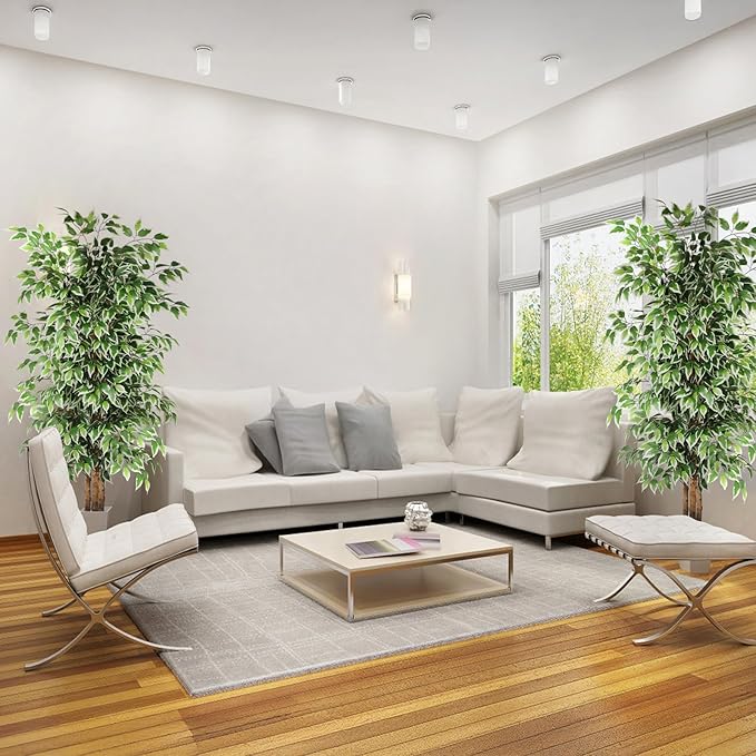 GTIDEA 2 Pcs 6ft Ficus Artificial Trees, Tall Faux Trees Indoor with Natural Trunk and Fake Silk Tree Fake Plants for Home Spring Decor Living Room Outdoor Balcony House Office (Included Dried Moss)