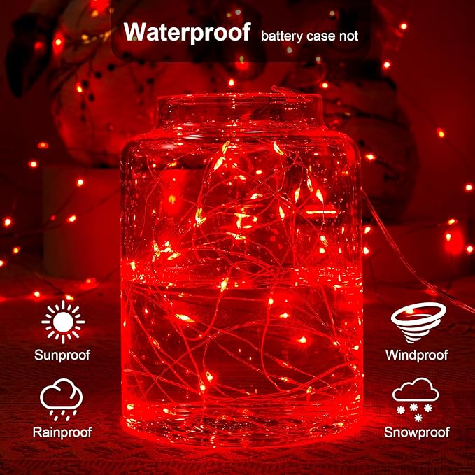 2 Pack 16.4ft Battery Operated String Lights with Timer, Red with Synchronized Twinkle Mode, Fairy Lights Battery Powered, 50 LEDs, Idea for Christmas Bedroom Party Wedding