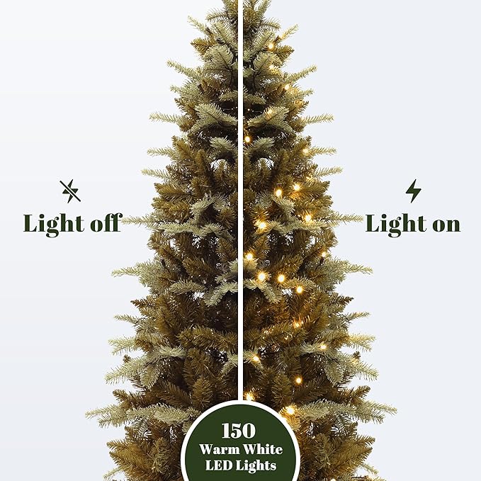 LuxenHome 4FT Potted Christmas Tree, Gold Glitter Slim Small Prelit Artificial Christmas Trees with 150 Warm White LED Lights, Faux Pine Tree with Modern MgO Pot for Indoor and Outdoor Holiday Decor