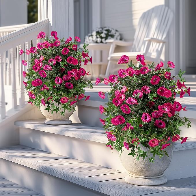 Artificial Flowers Artificial Petunias for Outdoors 2PCS Artificial Hanging Plants Outdoors Silk Flowers with Stems Outdoor Flowers Uv Resistant for Porch Terrace Decor，Rose Red，Without Pot