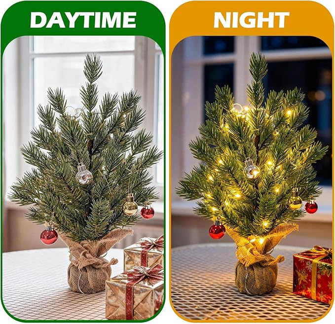 LACHARM 2 Pack 16 Inch Mini Christmas Tree, Tabletop Christmas Tree with Battery Operated Copper Lights and Hanging Ornaments, Small Xmas Tree for Home, Office, Kitchen Table Christmas Decoration