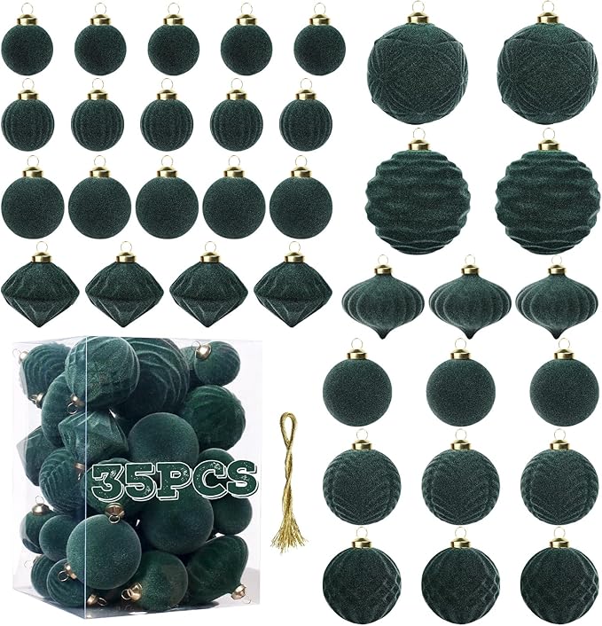 Velvet Ball Ornaments Christmas Balls Dark-Green 35 PCS Xmas Tree Flocked Ball Ornaments Assortment for Party Garland Wreath Decor Baby Shower First Christmas Decorations