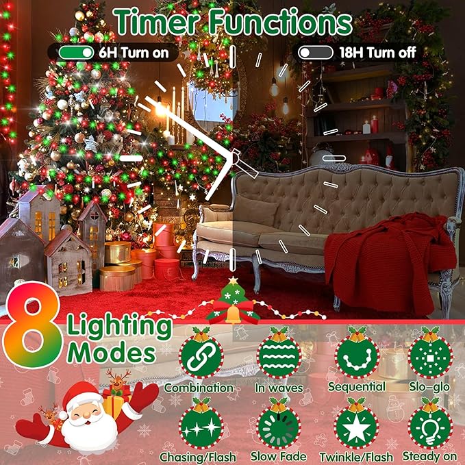 XURISEN 551FT 1400 LED Christmas Lights Outdoor Green Wire String Lights 8 Modes with Timer Memory Waterproof Fairy Light Plug in for Xmas Tree Wedding Yard Party Holiday Decorations(Red+Green)