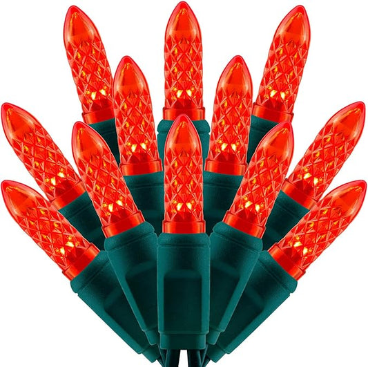 100 Red Faceted One-Piece LED Christmas Lights, 33 ft Green Cord High Waterproof UL Certified M6 Outdoor String Lights (Red)