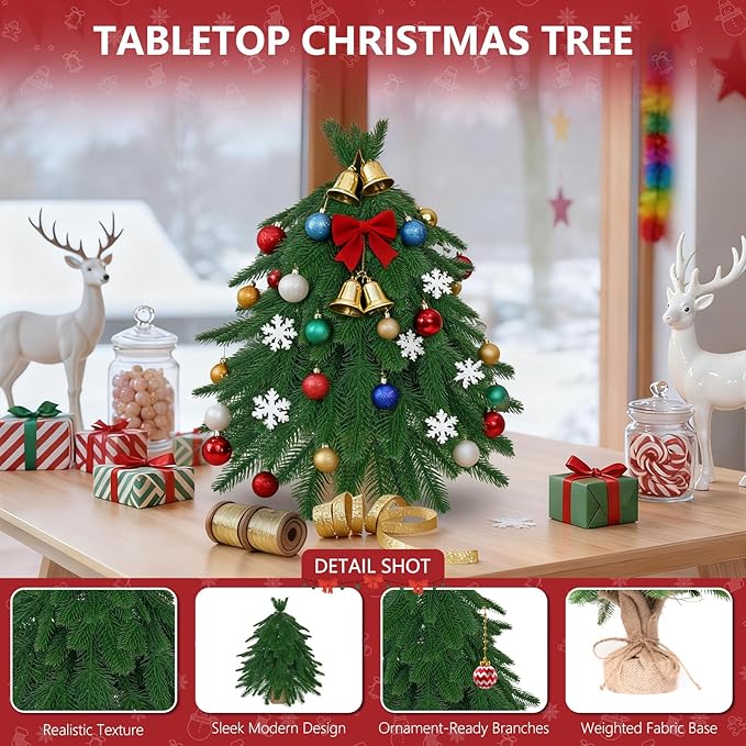 20IN Small Mini Christmas Tree for Tabletop, 1PC Artificial Desktop Christmas Tree with Norfolk Pine Top Design, Small Xmas Tree with Burlap Base for Table Desk Home Christmas Decor