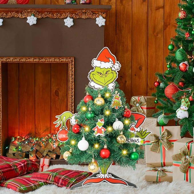 Mini Christmas Tree with Head Arms Legs Tabletop Small Christmas Tree with Lights Thief Body Decorative Ornaments for Home Party Decor