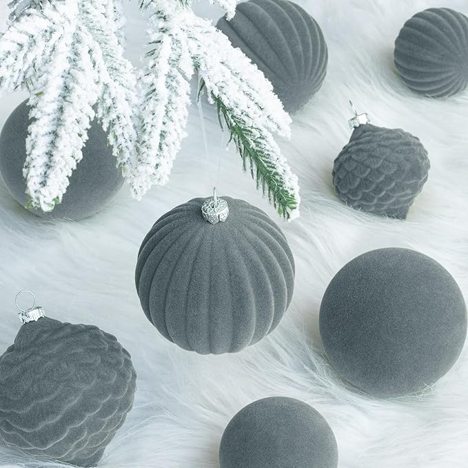 KI Store Velvet Christmas Balls Lux Gray 25pcs Flocked Christmas Tree Ornaments Assortment for Xmas Tree Holiday Decor