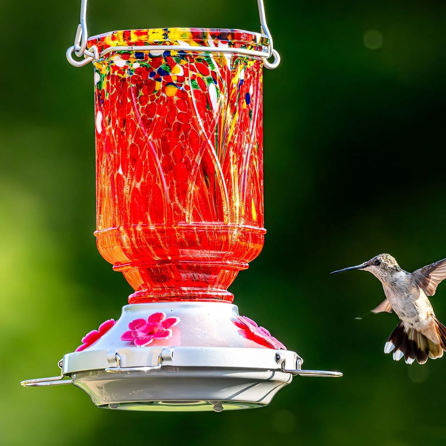 Hummingbird Feeders for Outdoors with Ant Moat, Hand Blown Glass Hummingbird Feeder, 4 Feeding Ports with Perch, Outdoor Garden Décor, 15 OZ, Red, Gifts for Mom Wife Dad Men Women
