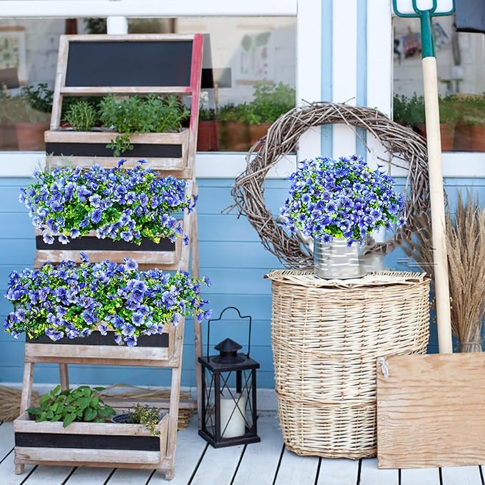 14 Bundles Fake Mums Fake Plants Artificial Mums for Outdoors Artificial Flowers for Yard Porch Home Garden Fall Indoor Outdoor Decor(Blue)