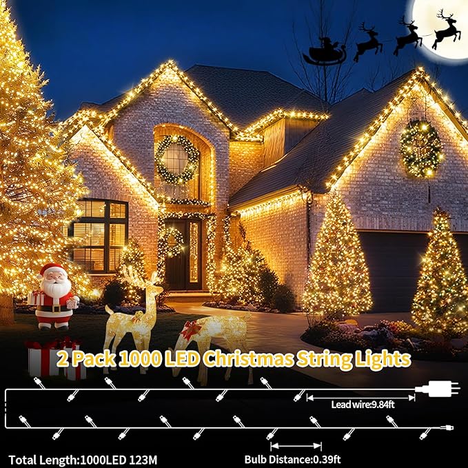 2 Pack 403 FT 1000 LED Christmas Lights Outdoor Fairy Lights Plug in Extra Long Clear Wire String Lights with Remote Timer 8 Modes for Outside House Tree Garden Wedding Party Decorations-Warm White