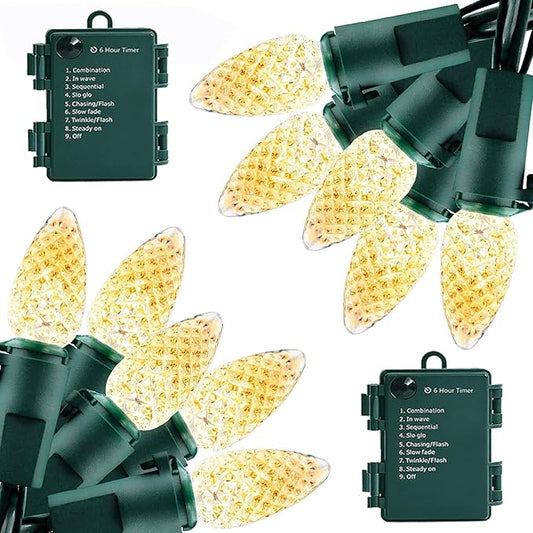 Battery Operated String Lights - 18ft 50 LED C3 String Lights Christmas Lights Battery Powered String Lights for Indoor Outdoor Christmas Tree Wreath Party Decoration, Waterproof, Warm White 2 Pack