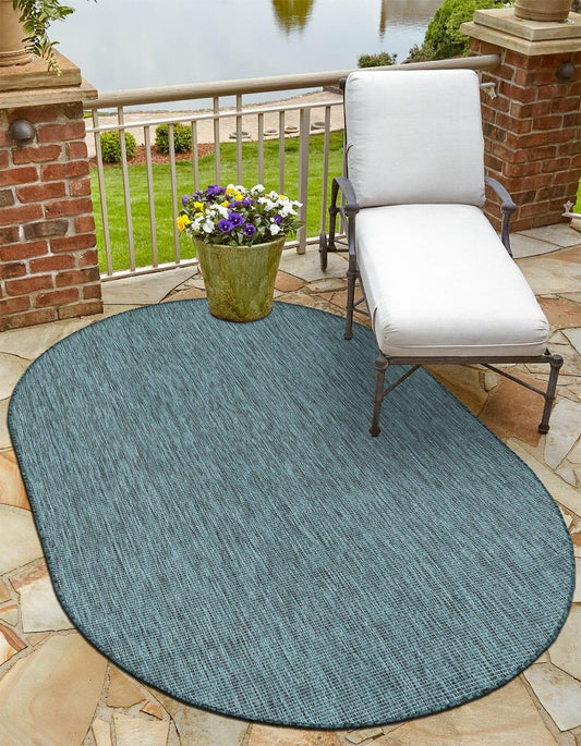 Unique Loom Outdoor Solid Collection Area Rug (5' 3" x 8' Oval Teal/Navy Blue)