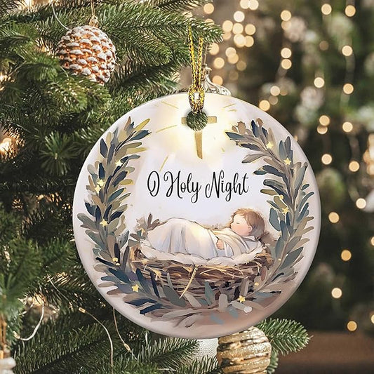 O Holy Night Ornaments Round Ceramic Silent Night Birth of Jesus Cross Christ Ornament Christmas Keepsake Decor for Christmas Tree Winter Holiday Xmas Gift for Women Men Xmas Hanging Ornament 3"