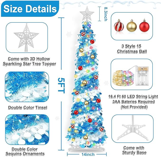 5FT Pop Up Christmas Tree with Timer 60 Warm White & Multi Color Fairy Light 3D Star 15 Ball Ornament, Blue White Tinsel Christmas Tree Slim Pencil Xmas Tree Home Office Holiday Decor Indoor Outdoor