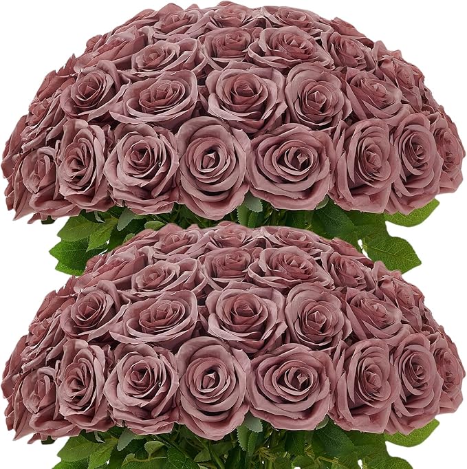 50Pcs Dusty Rose Roses Artificial Flowers Artificial Silk Roses Bulk,Fake Roses Flower with Stems Realistic Flowers for Wedding Centerpiece Home Party Decor