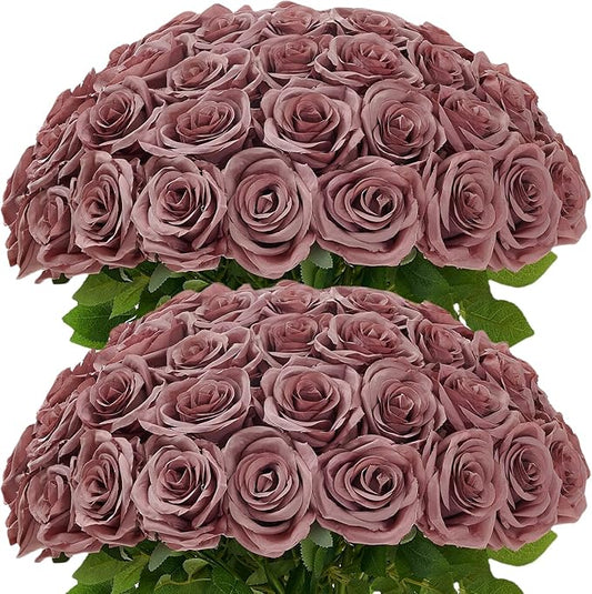 50Pcs Dusty Rose Roses Artificial Flowers Artificial Silk Roses Bulk,Fake Roses Flower with Stems Realistic Flowers for Wedding Centerpiece Home Party Decor