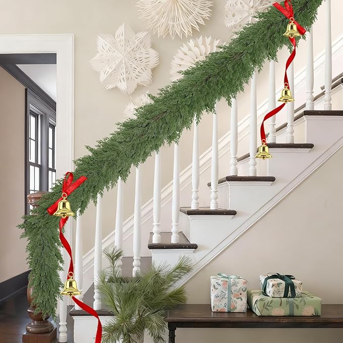 6FT Christmas Garland, Real Touch Cypress Pine Garlands, Green Artificial Cedar Garland Christmas Decorations for Home, Dining Table Mantel Porch Wall Stairs Winter Xmas Decor