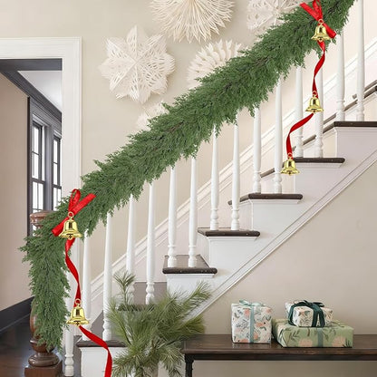 9FT Christmas Garland, Real Touch Cypress Pine Garlands, Green Artificial Cedar Garland Christmas Decorations for Home, Dining Table Mantel Porch Wall Stairs Winter Xmas Decor