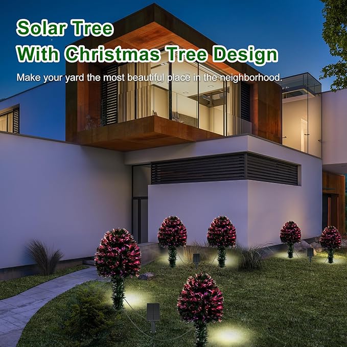 2 Pack Fiber Optic Christmas Tree, Small Outdoor Led Christmas Tree Solar Powered 24 Inch Artificial Xmas Trees with Lights for Front Porch Yard Garden Pathway Cemetery Holiday Decor