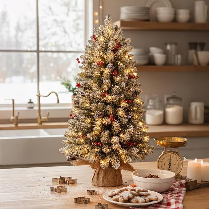 3FT Pre-lit Tabletop Christmas Tree, Mini Small Flocked Christmas Trees with 9 Modes LED Lights, Pine Cones & Berries, Battery Operated with Timer, for Home Office Desk Decor
