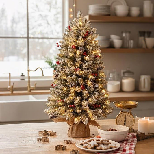 3FT Pre-lit Tabletop Christmas Tree, Mini Small Flocked Christmas Trees with 9 Modes LED Lights, Pine Cones & Berries, Battery Operated with Timer, for Home Office Desk Decor