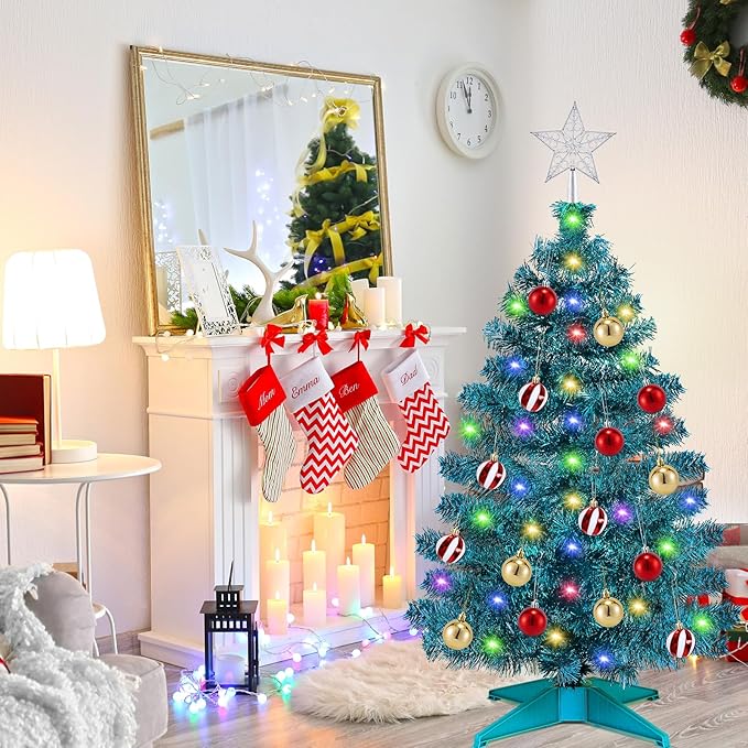 [ Timer & 12 Modes ] 3 Ft Blue Christmas Tree with DIY 50 Warm White & Multi Color Lights 15 Ball Ornaments 3D Star Remote Control Battery Operated Pencil Full Tree Xmas Christmas Decorations Table