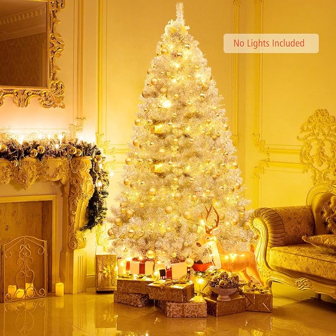 Happygrill 7.5 FT Christmas Tree Silver Tinsel Xmas Tree with 1258 Branch Tips Metal Stand, Artificial Hinged Christmas Tree for Indoor and Outdoor Holiday Decoration