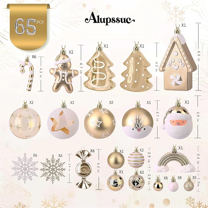 Alupssuc 65pcs Christmas Balls Ornaments Set, Shatterproof Plastic Baubles Gingerbread House, and Tree Topper for Xmas Tree Holiday Wedding Party Decorations with Hanging Strings, Gold & White