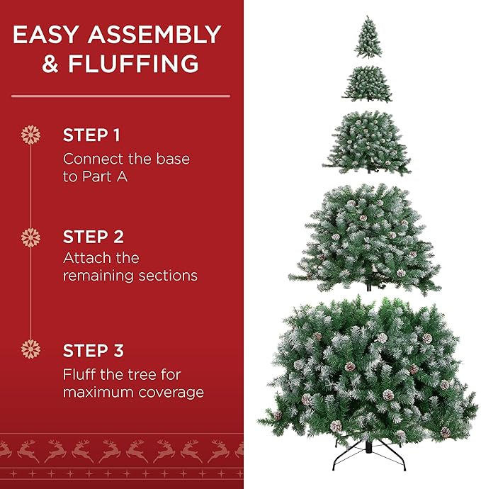 Best Choice Products 12ft Pre-Decorated Holiday Christmas Tree for Home, Office, Party w/4,188 Tips, Partially Flocked, Pinecones, Base – Green
