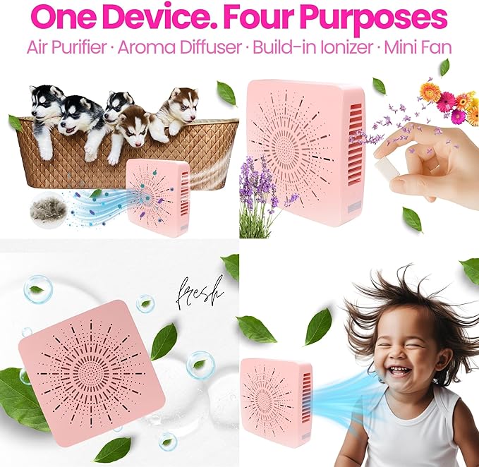 Cute Portable Mini Air Purifier with HEPA, Aroma & Ionizer – USB Fan for Bedroom, Desk, Pet, Baby, Travel – Great Gift for Girls & Teens (Blush Pink)