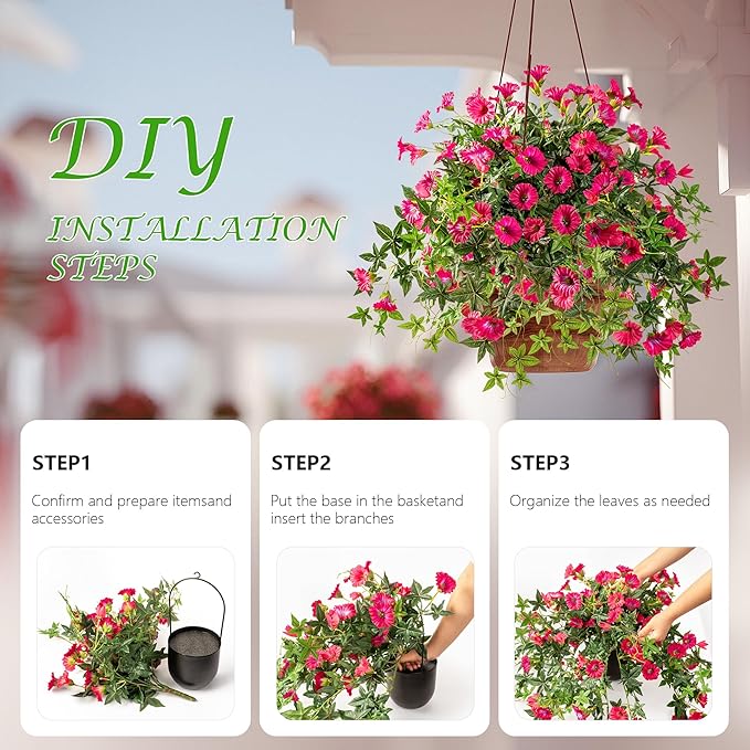 Artificial Flowers Artificial Petunias for Outdoors Artificial Hanging Plants Outdoor Silk Flowers with Stems Outdoor Flowers Uv Resistant for Porch Decor Terrace Decor，Rose Red with Pot 2PCS