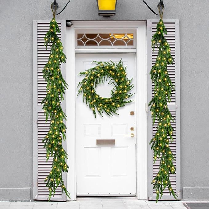 Faux Norfolk Pine Christmas Garland – Real Touch Greenery Artificial Cedar Christmas Garland for Fireplace Mantel, Staircase, Door Frame, Holiday Indoor Winter Décor (Prelit-6FT)