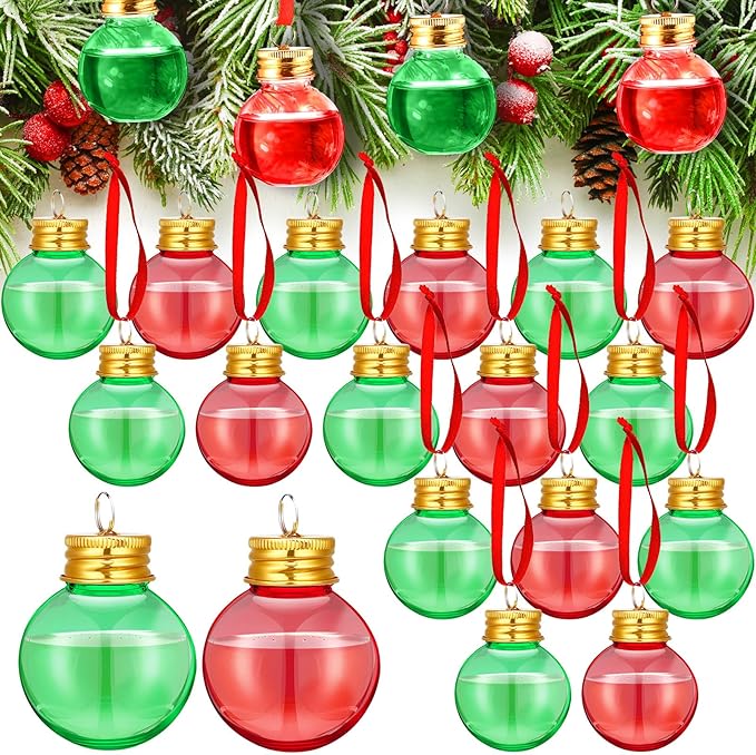 Patelai 18 Pcs Christmas Drink Balls Shot Glass Ornament Plastic Fillable Christmas Tree Ornaments Xmas Water Bottle Bulbs for Holiday Party Indoor Outdoor (Green,Rose with Gold Lid)