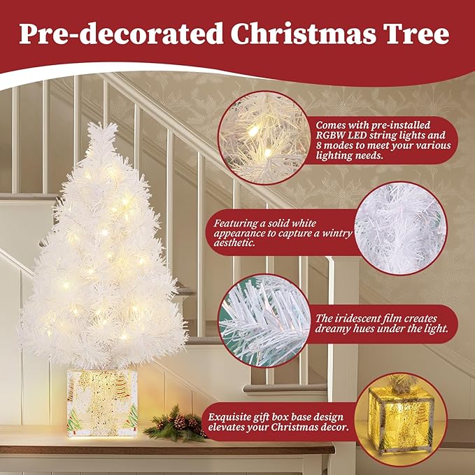 Brightever 2FT Small Christmas Tree, Prelit Mini Christmas Tree with 50 Multi-Color LED Lights, Gold Gift Box Base, Battery Operated Little Xmas Tree for Table Top, White