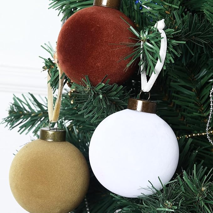 24 Pcs Velvet Christmas Balls Bulk Shatterproof Plastic Christmas Tree Decorations for Decorative Hanging Baubles (24, White、Khaki、Brown、Coffee, 3.15Inch)