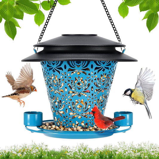Solar Bird Feeders for Outside Hanging Metal Wild Bird Feeder Solar Lanterns Outdoor Waterproof Garden Decor for Yard Blue