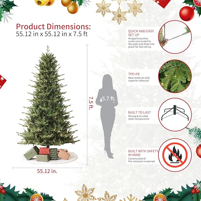 7.5ft Fraser Slim Fir Pre-Lit Artificial Christmas Tree with 792 Low-Voltage Warm LED Lights, Easy Plug & Foldable Stand, Realistic Flame-Resistant Branches