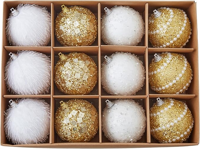 Gold Christmas Ball Ornaments, Christmas Ball Decorations Shatterproof Plastic Hanging Pearl Balls for Holiday Party(70mm/2.76", 12ct)