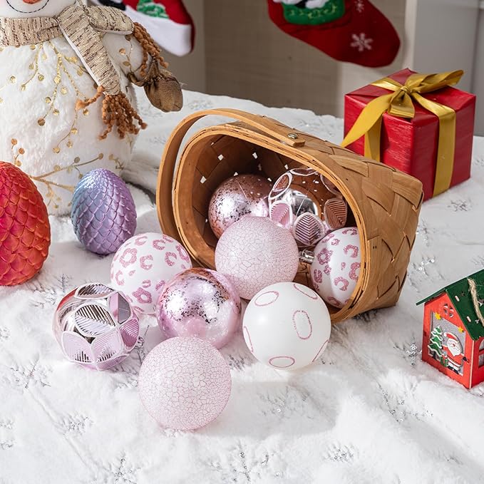 16CT Leopard Christmas Ornaments,Shatterproof Pink and White Christmas Decorations, Lage Baubles Ornaments Hanging Decor for Xmas Tree Home Party Festivals (80MM/3.15'')