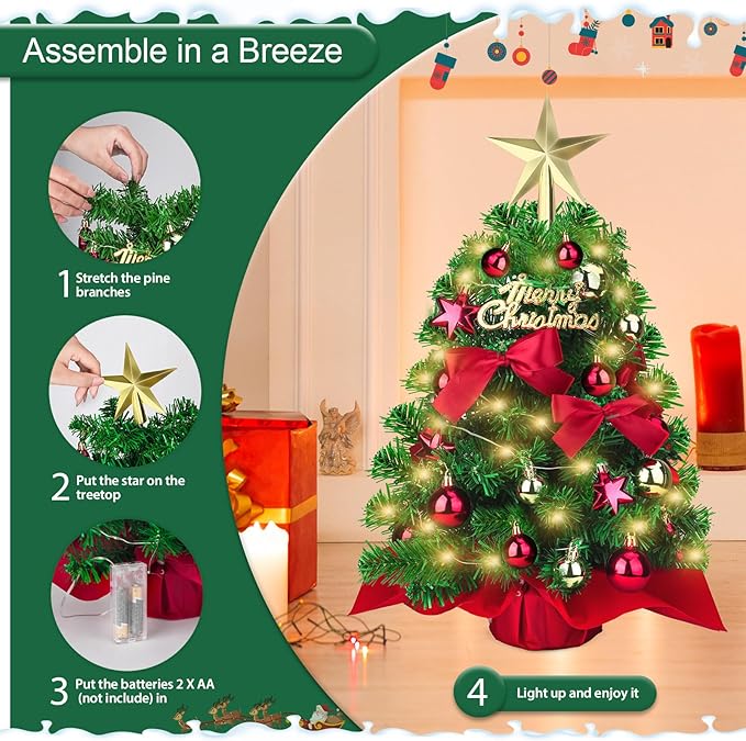 Mini Christmas Tree, Small Christmas Little Tree, Table top Tree 20”,Miniature Pine Artificial Xmas Tree with Ball Star Bowknot Ornaments for Holiday Season Desk Decoration Centerpiece