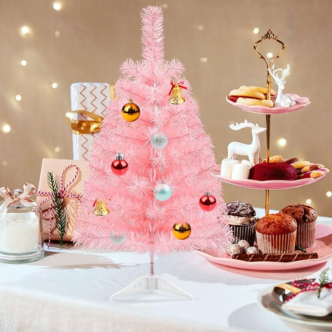 2Ft Artificial Christmas Tree Pink Tabletop Christmas Tree with Plastic Stand Mini Xmas Pine Tree for Indoor Outdoor Holiday Home Decoration