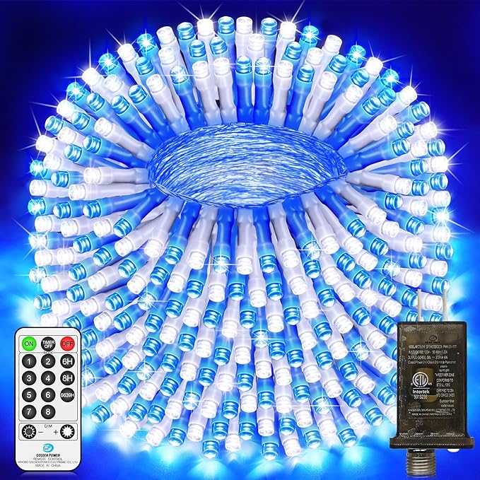 200 FT 500 LED Christmas Lights Outdoor Fairy Lights Plug In Extra Long String Lights Clear Wire Waterproof 8 Modes Timer for Outside House Tree Garden Yard Wedding Party Decorations-Blue & White