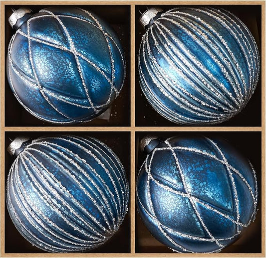 DN DECONATION 4PCS Blue Glass Christmas Ball Ornaments – 4” Shimmering Silver Lines Hanging Ball Ornaments Set for Christmas Tree, Winter Decor Elegant Holiday Decorations Wedding