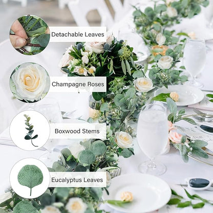 Ouddy Decor Eucalyptus Garland 6.56 Ft Lush Silver Dollar Leaves Boxwood Artificial Faux Greenery Vines for Baby Shower Wedding Party Table Runner Room Home Mantle Decor, Champagne