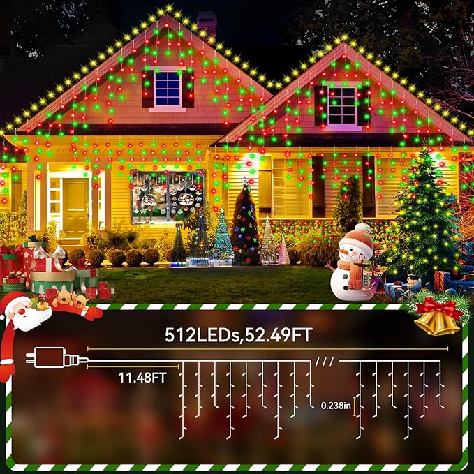 52FT Christmas Lights Outdoor, 512 LED Outdoor String Lights Waterproof Plug in with 8 Modes & Timer, Christmas String Lights for Tree Party, Garden, Holiday Decorations（Red+Green）