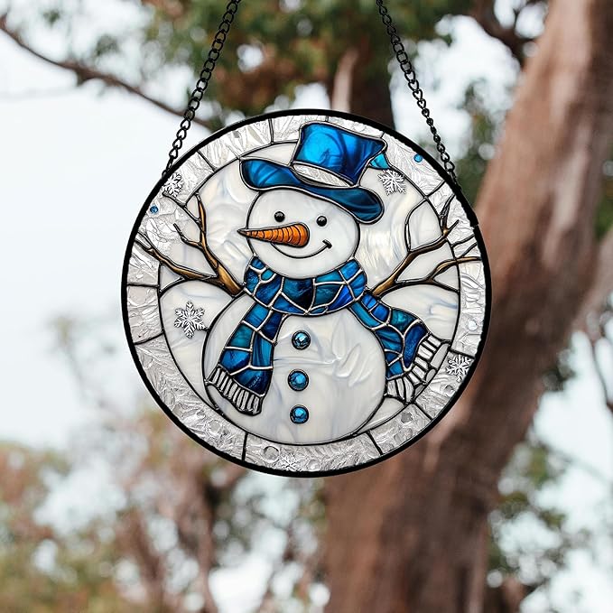 Stained Glass Window Hanging 4 Pcs Set White Winter Christmas Snow Scene 6.3" - Suncatcher Door Garden Sun Catcher Decor Birthday for Mom Woman Nana Men Friend Wife