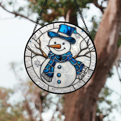 Stained Glass Window Hanging 4 Pcs Set White Winter Christmas Snow Scene 6.3" - Suncatcher Door Garden Sun Catcher Decor Birthday for Mom Woman Nana Men Friend Wife