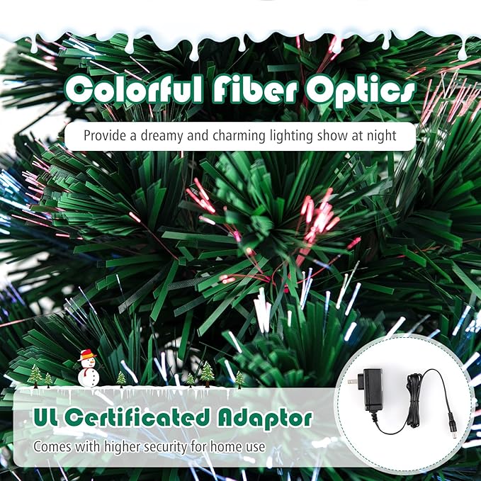 HAPPYGRILL 6FT Fiber Optic Christmas Tree Pre-Lit Artificial Christmas Tree Green Xmas Tree with LED Lights for Indoor Outdoor Festival Decor